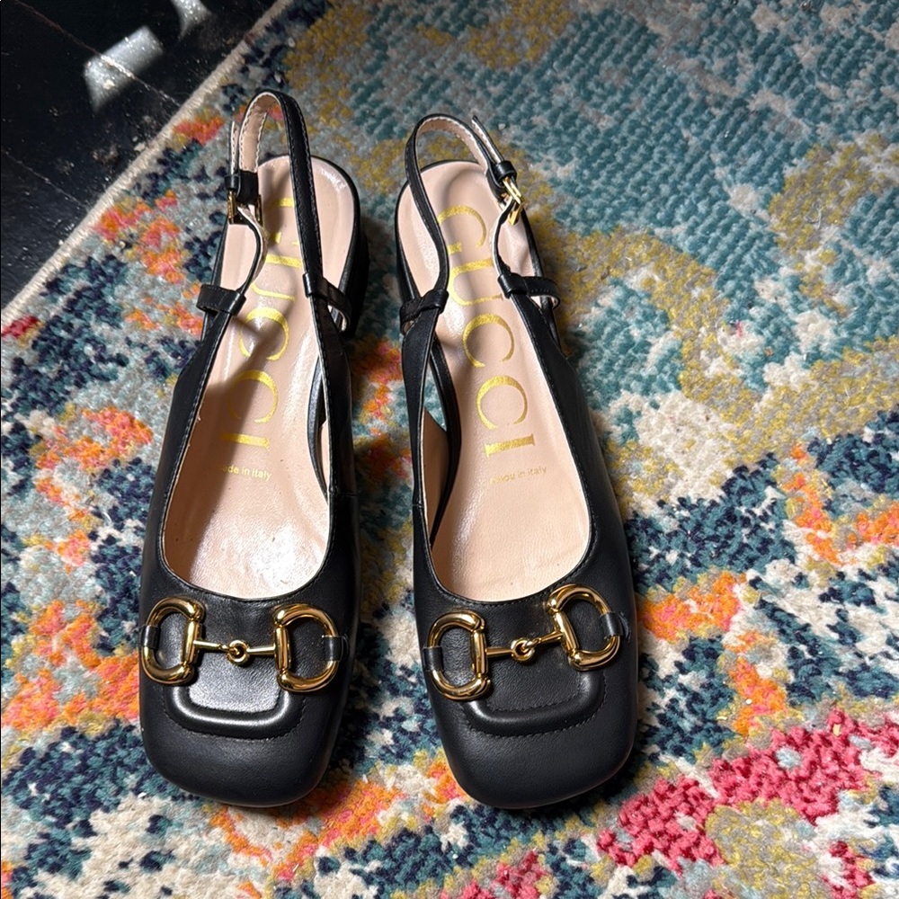 Gucci Black Flats with Gold Buckle